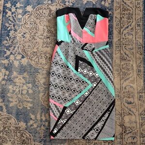 River Island Strapless Geometric Print Dress in Black, Gray, Mint & Coral